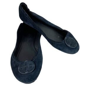 Tory Burch Minnie Suede Leather Travel Ballet Flat 7.5 Navy Blue Foldable